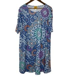 Ruby Rd XL Floral Medallion Dress Blue Stretch Knit Casual Boho Style